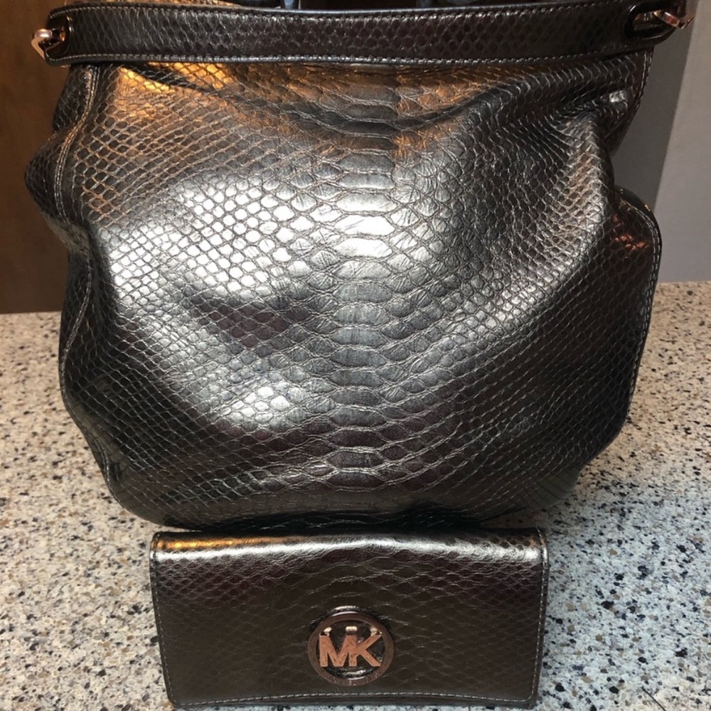 NWT Michael Kors Fulton Chain Cocoa Leather Handbag & Matching Wallet, Rare Set